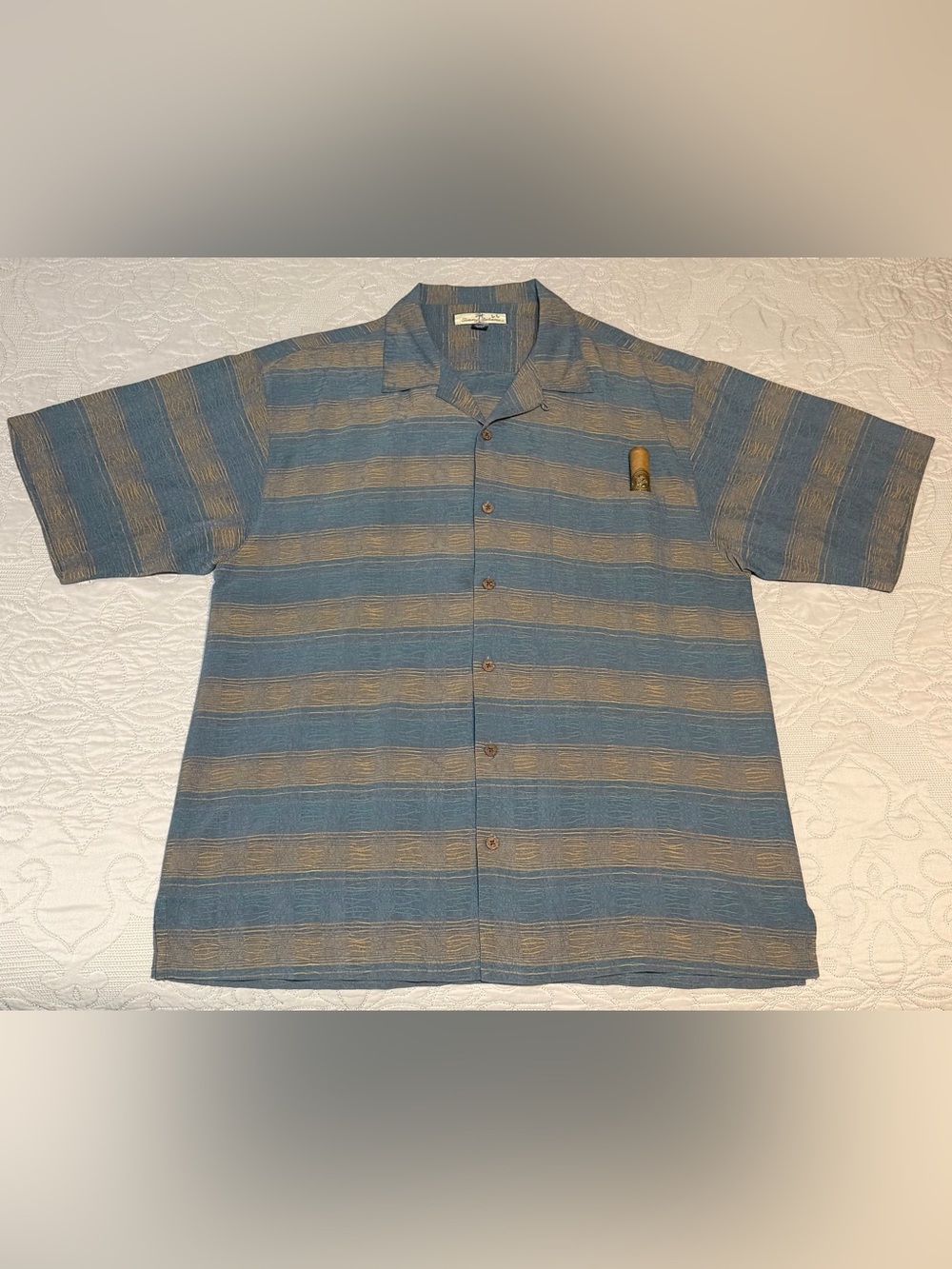 NWOT - Tommy Bahama Mens 100% Silk Blue & Tan Short-Sleeve Camp Shirt, Size - L